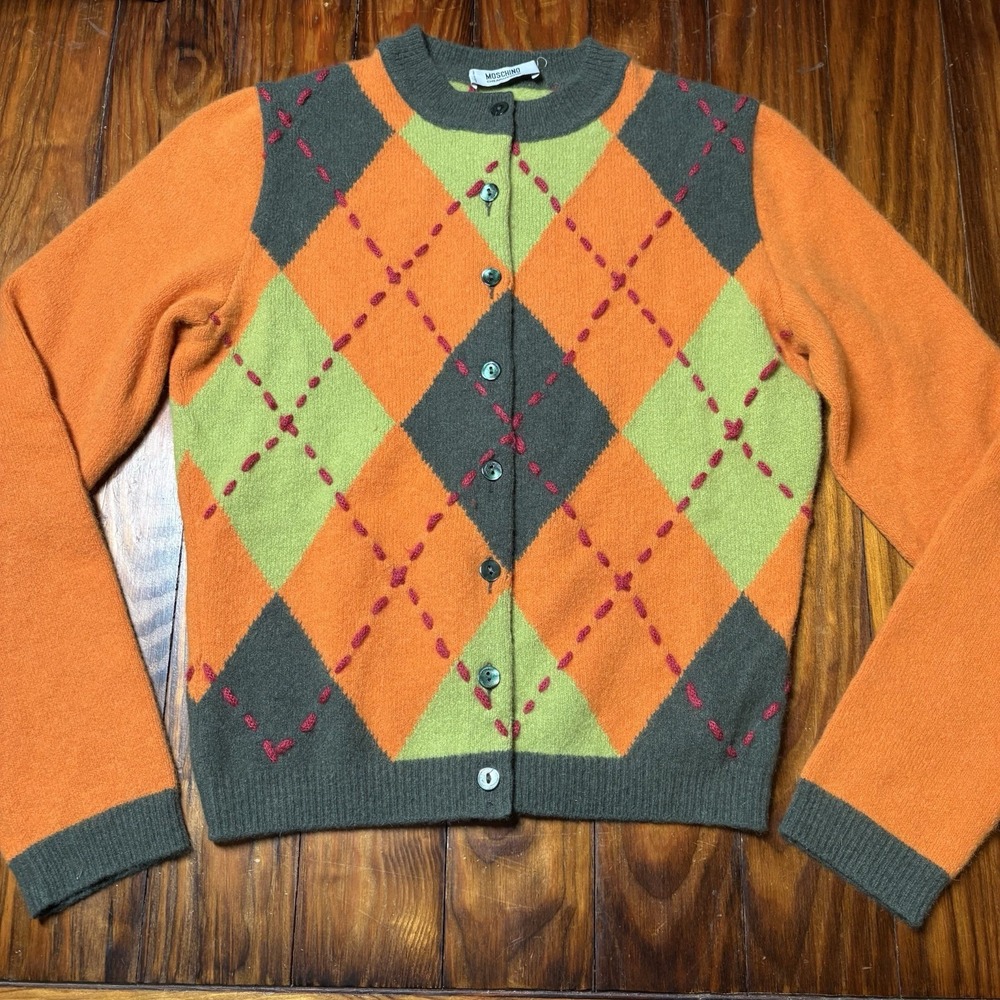Vtg Moschino Orange Green Autumn Argyle Diamond Sweater Angora Fall Retro Bold